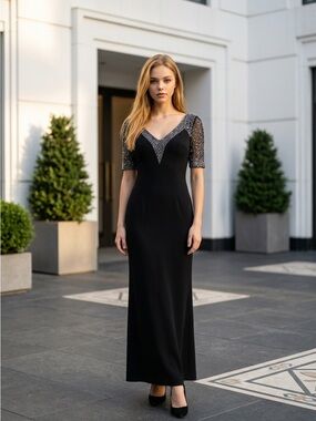 Jewel Badgley Mischka Black Maxi Dress with Beaded V-Neck